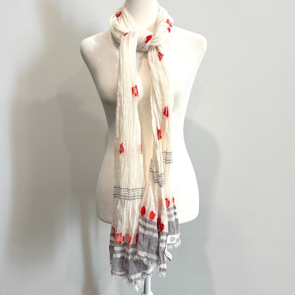 LOFT Scarf Embroidered Heart Striped Cotton Gauze Boho Spring Romantic 21871